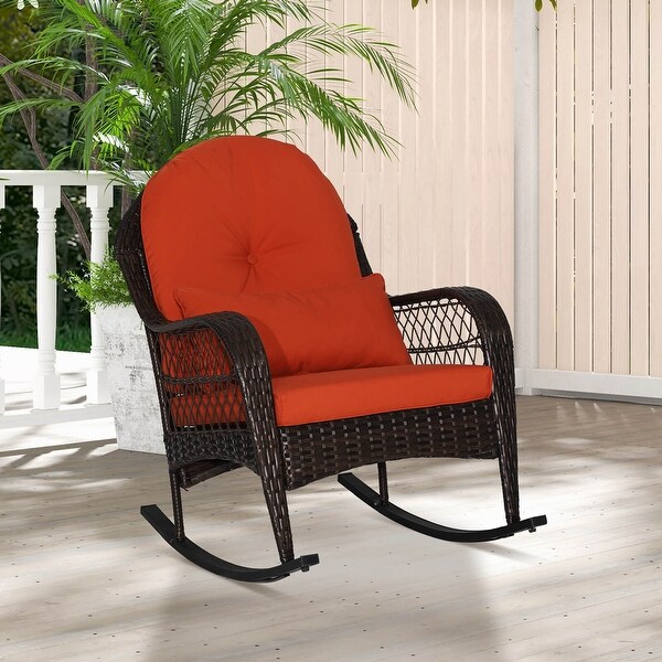 Costway Patio Wicker Rocking Chair W/Seat Back Cushions and Lumbar