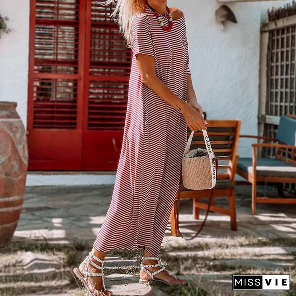 Stripe Contrast Short Sleeve Casual Daily Long Dress