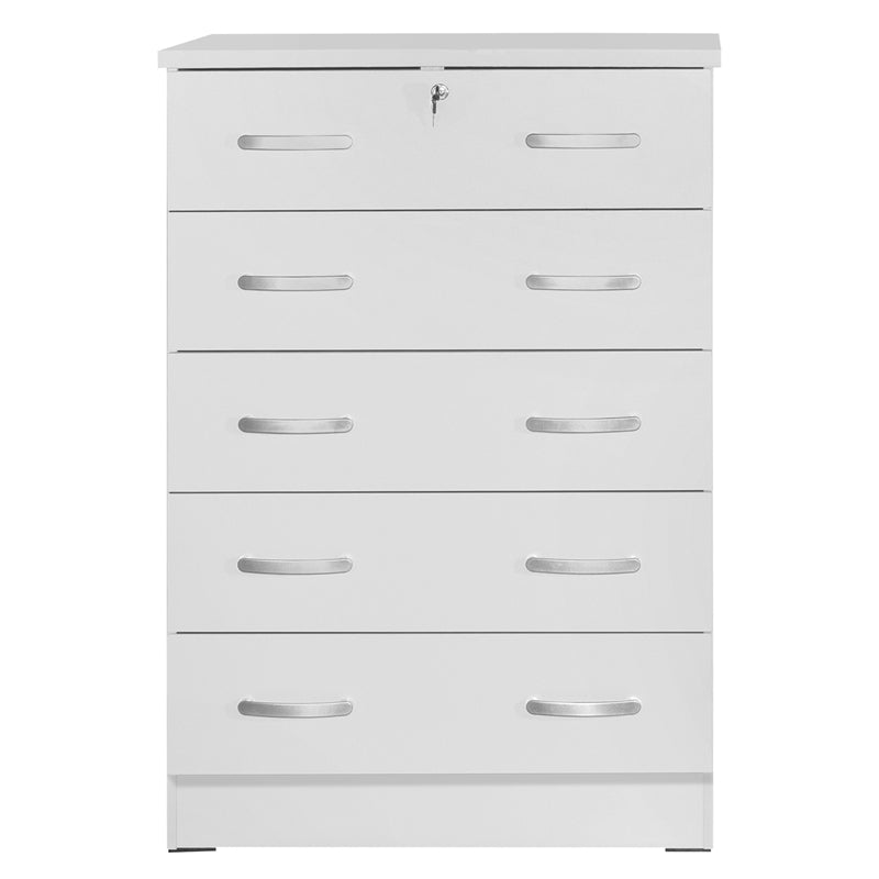 Pemberly Row Contemporary 5 Drawer Chest Wooden Dresser with Lock in White