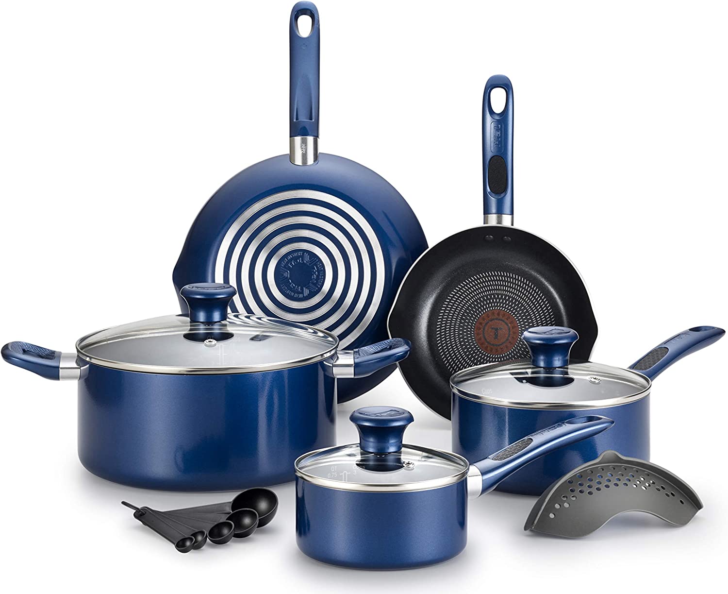 T-fal Excite ProGlide Nonstick Thermo-Spot Heat Indicator Dishwasher Oven Safe Cookware Set， 14-Piece， Blue