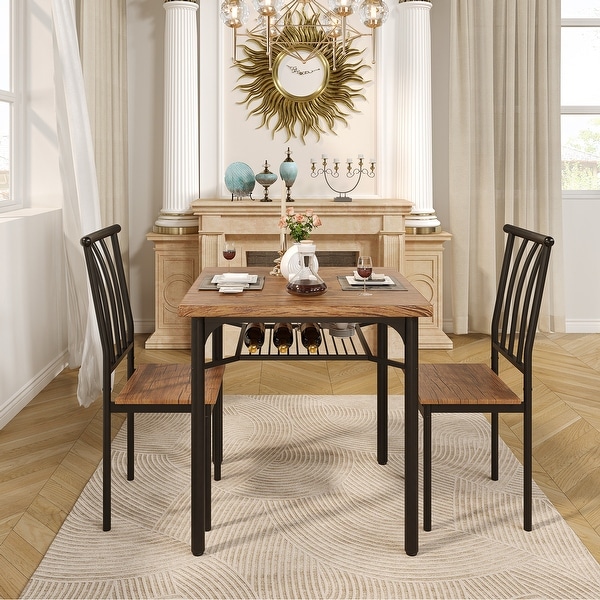 Dining Table Set， Kitchen Table and Chairs for 2 with Wine Rack， 3 Piece Metal and Wood Square Dining Room Table Set