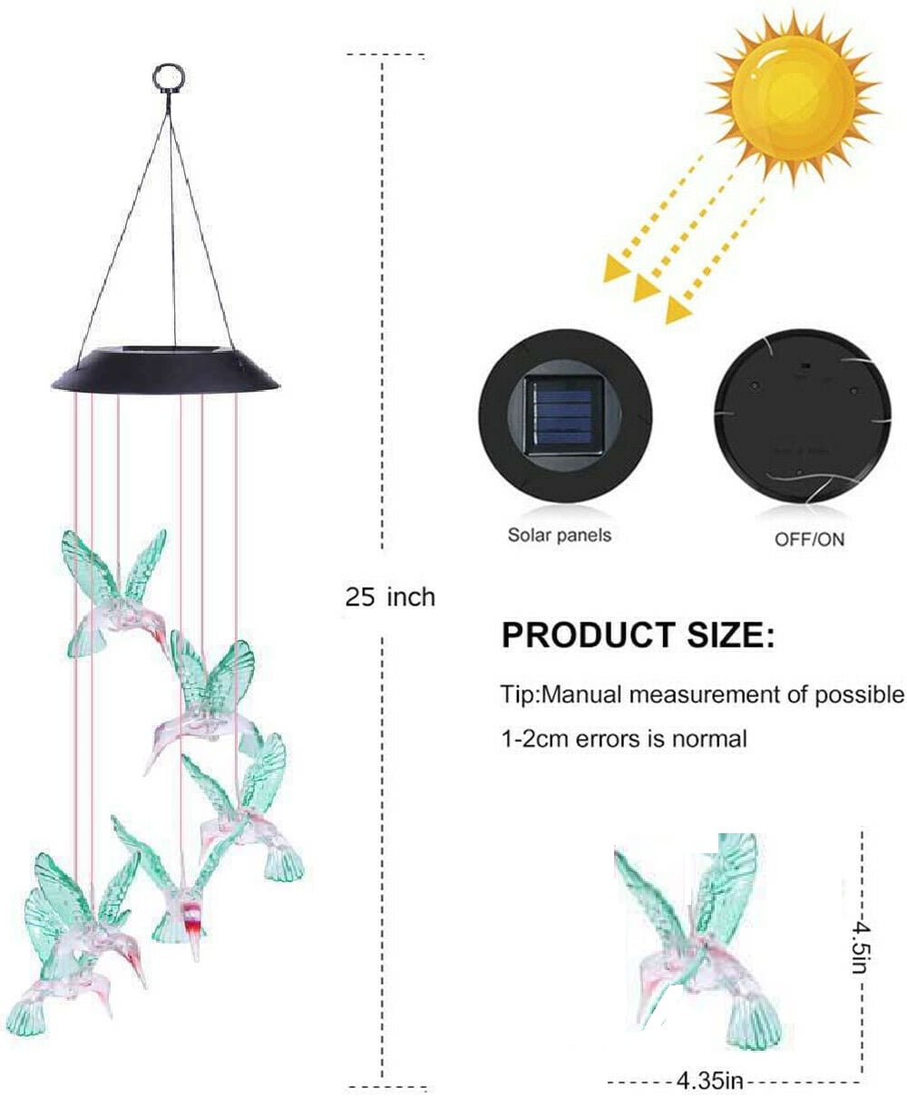 Solar Changing Color Hummingbird Wind Chime， LINKPAL Solar Powered LED Hanging Lamp Windchime Light for Outdoor Indoor Gardening Yard Pathway