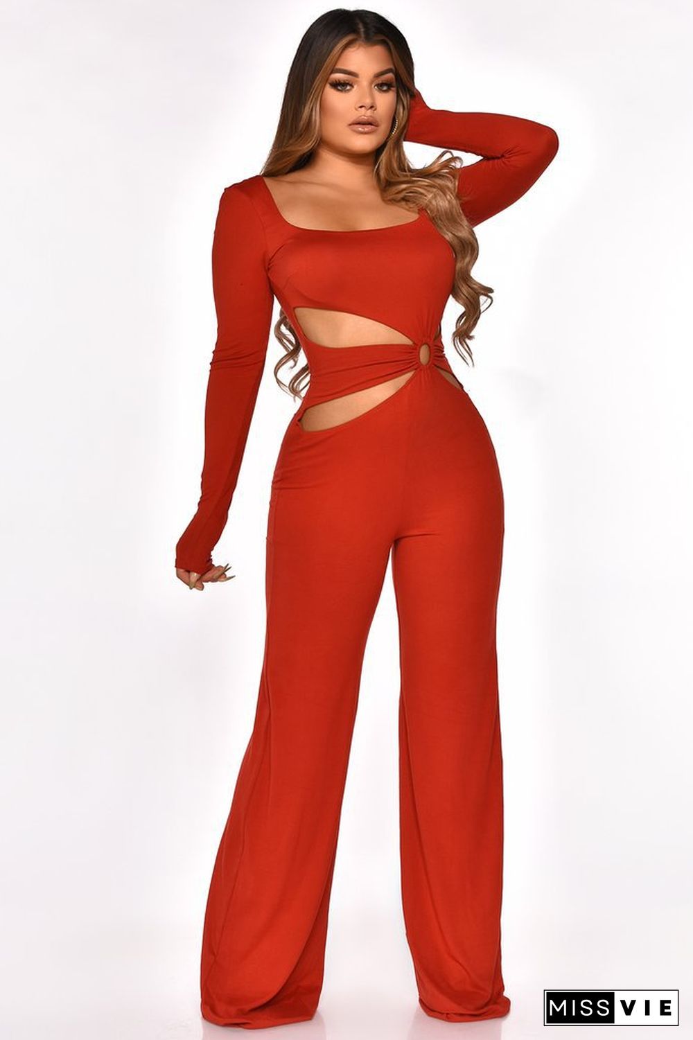 Hollow Out Square Neck High Waist Wide Leg Jumpsuit