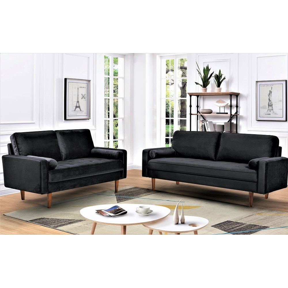 Monahan Wood Frame Velvet Tufted 2 PCS Living Room Set  Sofa   Loveseat