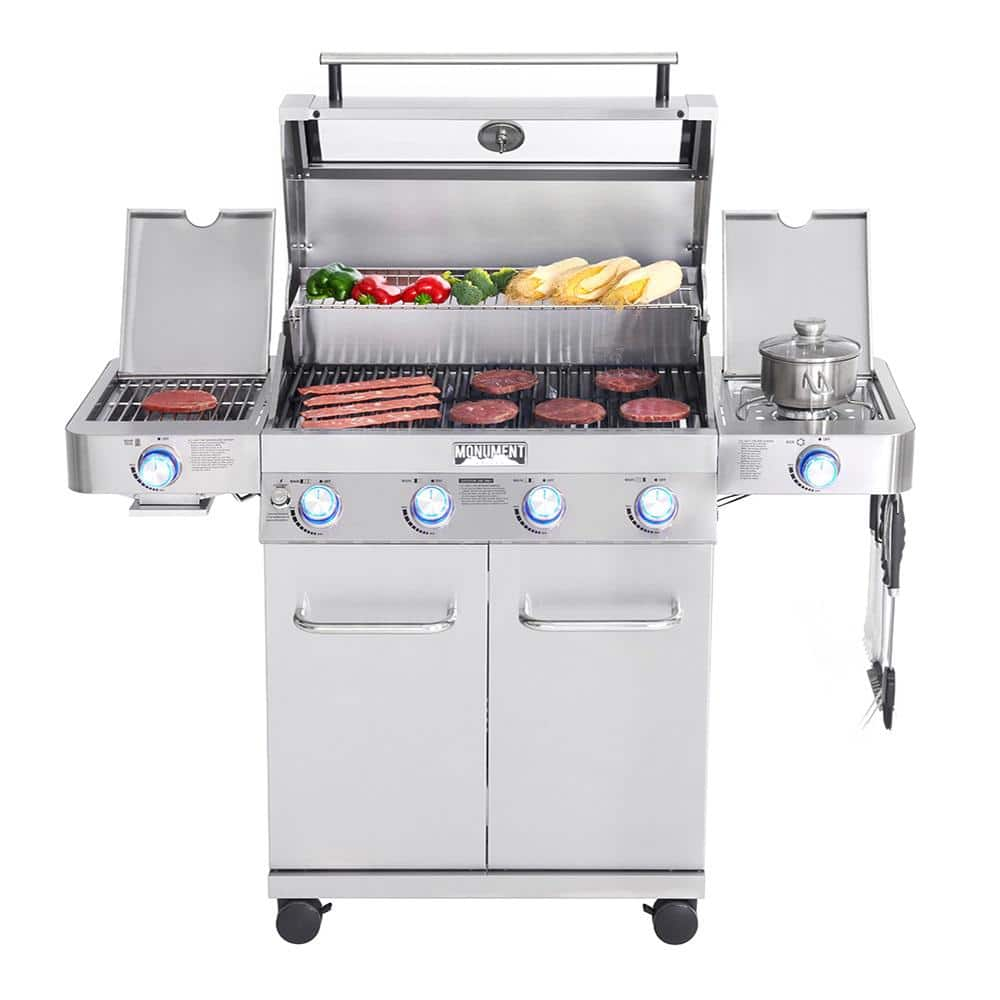 Monument Grills 4-Burner Propane Gas Grill in Stainless with Clear View Lid, LED Controls, Side and Sear Burners 35633