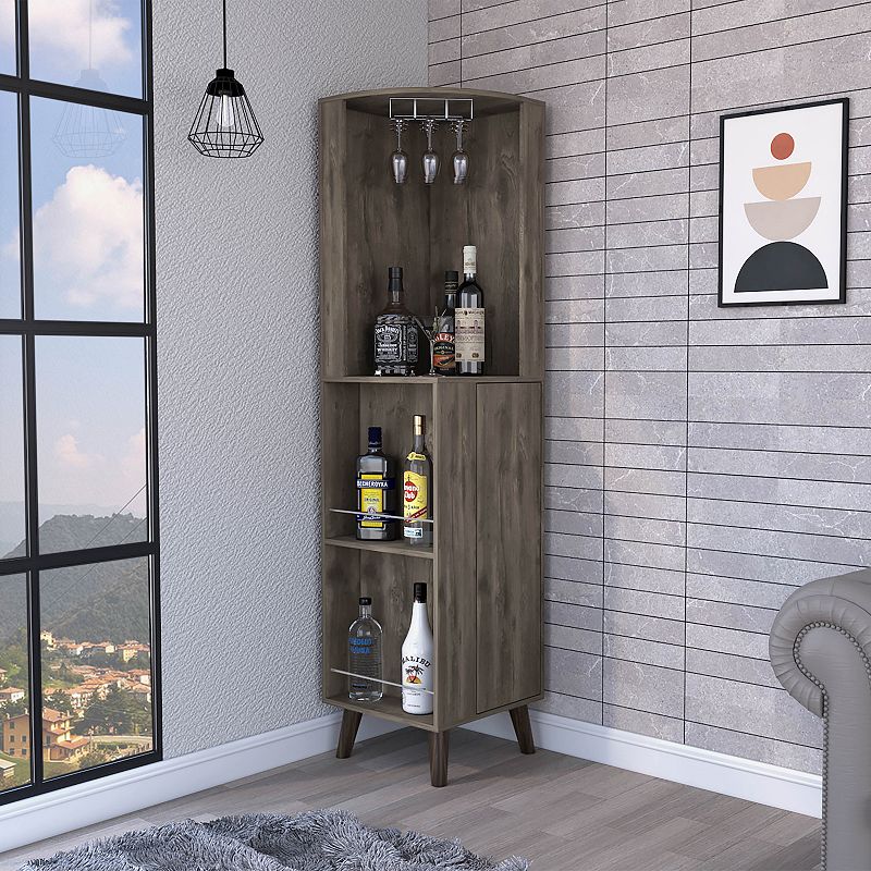 Quinn Corner Bar Cabinet， Two External Shelves， One Drawer， Two Interior Shelves