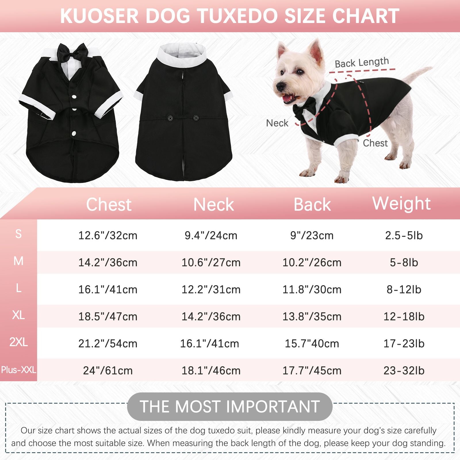 Kuoser Dog Tuxedo Dog Formal Suit with Bow Tie Pet Wedding Shirt，Black，S