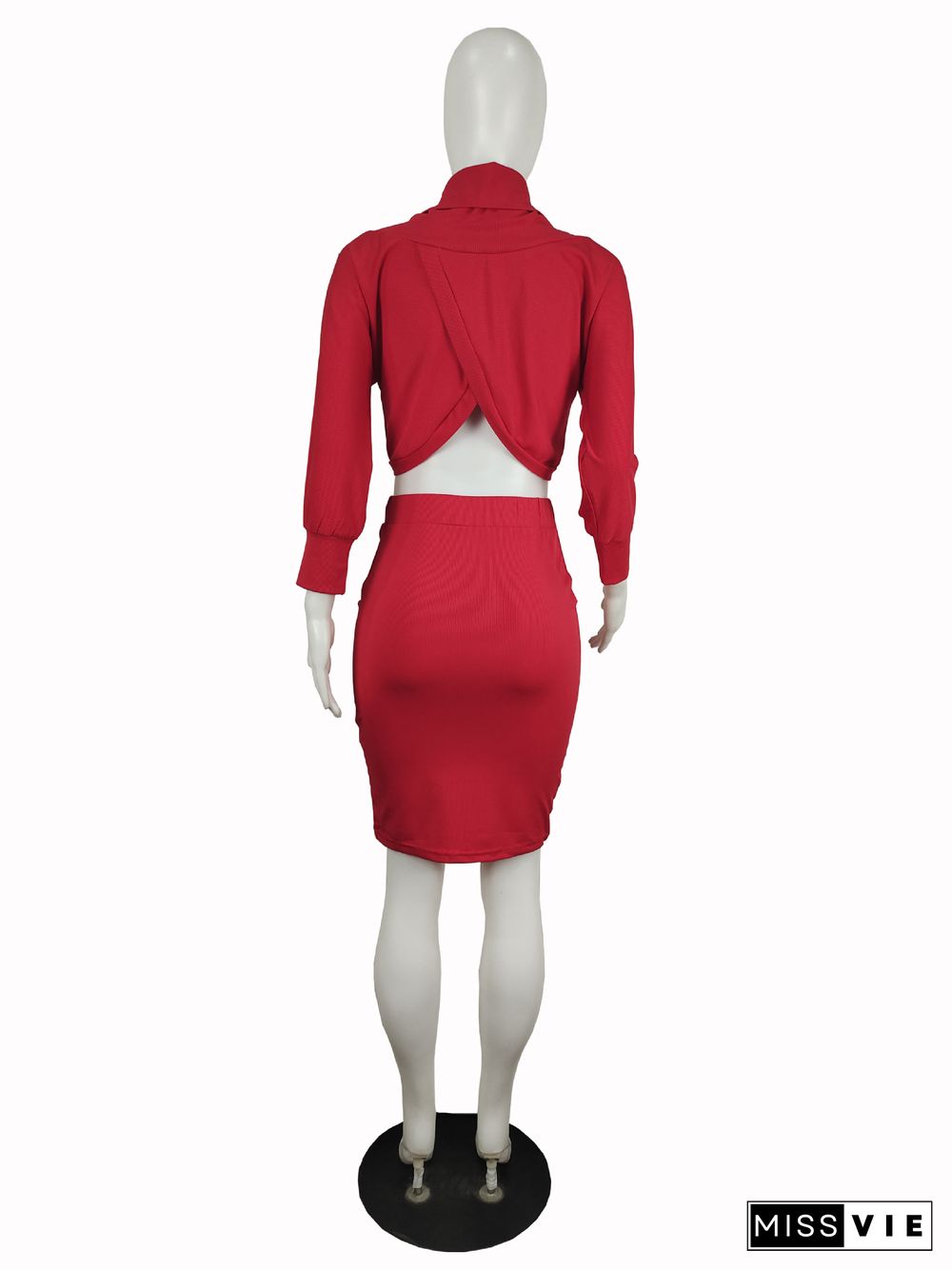 Solid Color Long Sleeve Irregular Hollow-out Top+Midi Skirt Set