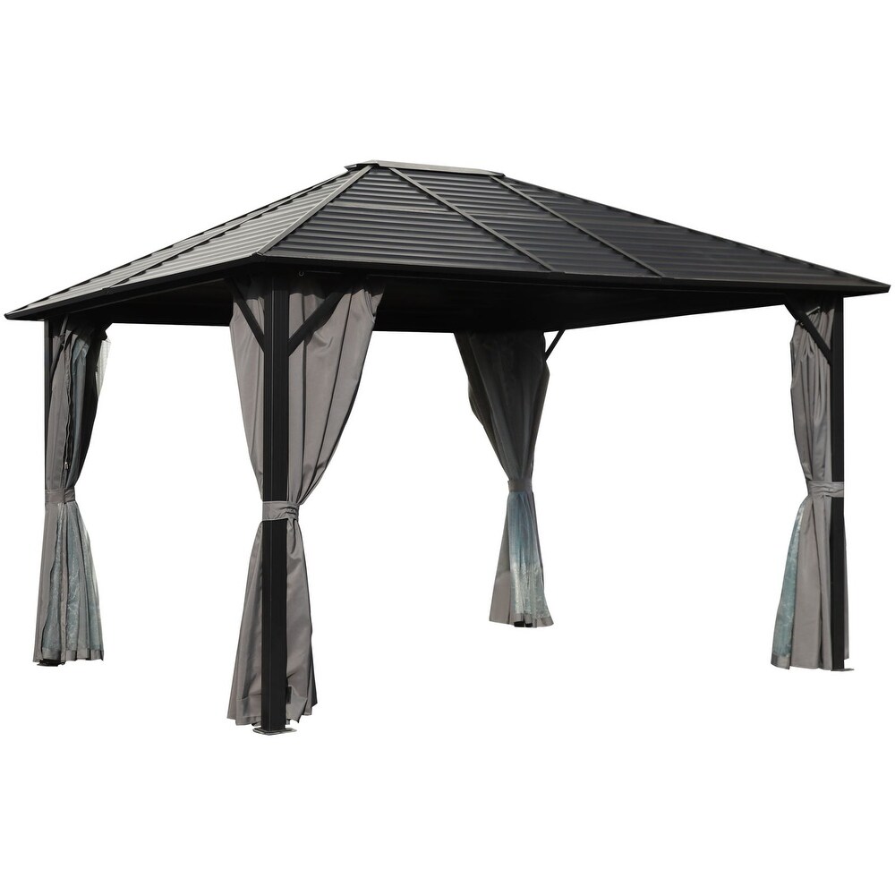 VEIKOUS 12 ft. W x 10 ft. L x 8.7 ft. H Aluminum Hardtop Gazebo with Grey Curtains and Netting