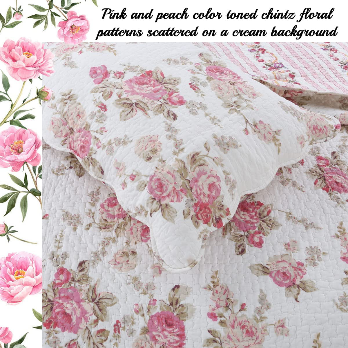 Cozy Line Shabby Chic Spring Rose 100% Cotton 3-Piece Quilt Set， Queen Set