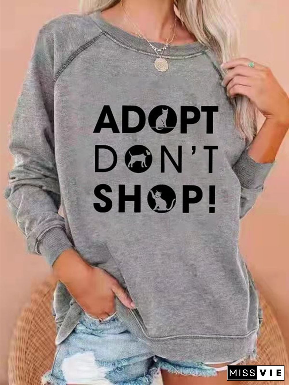 Adopt Don't Shop Print Casual Crewneck Sweatshirt