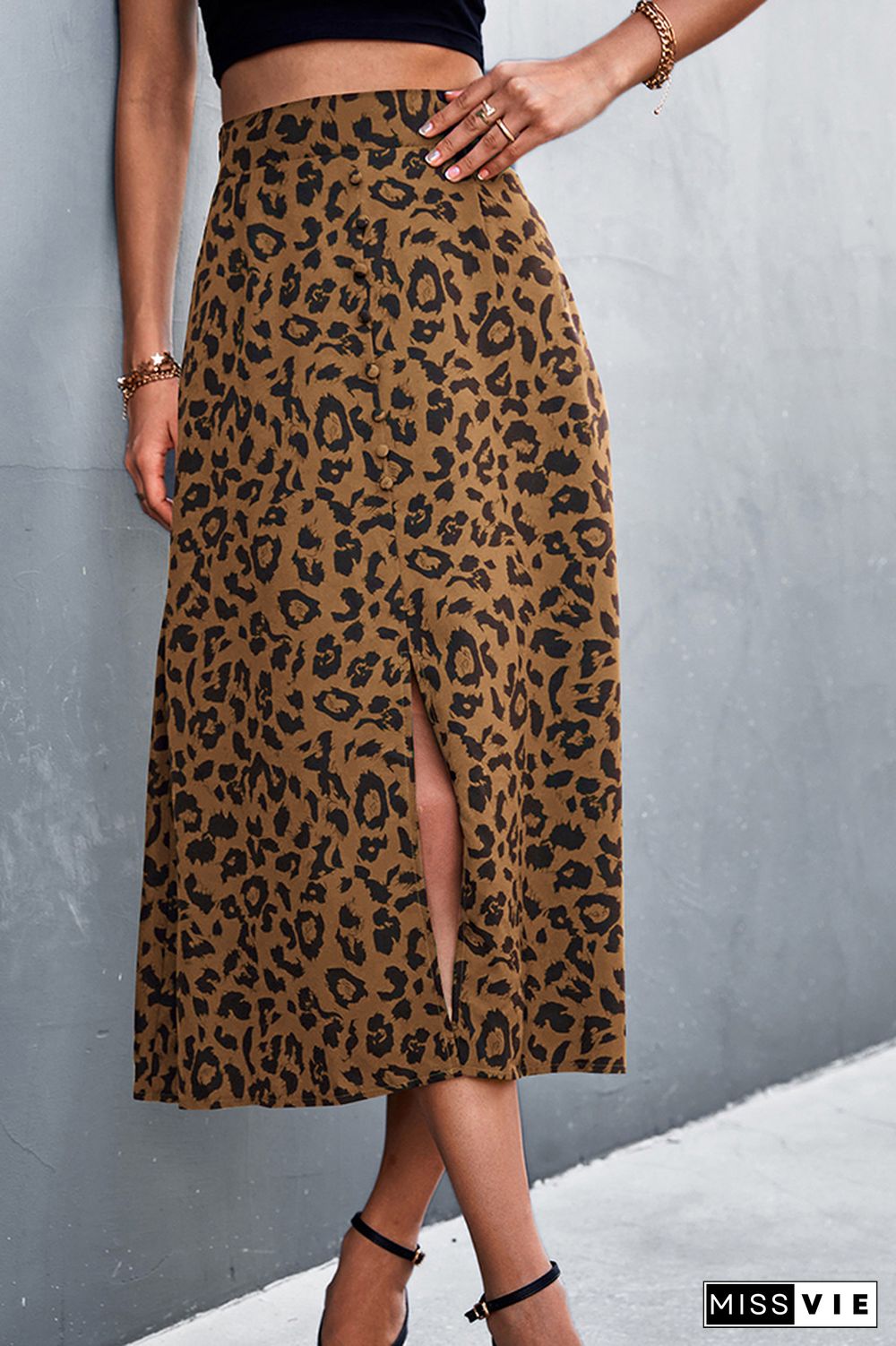 High Waist Leopard Print Split Skirt Wholesale