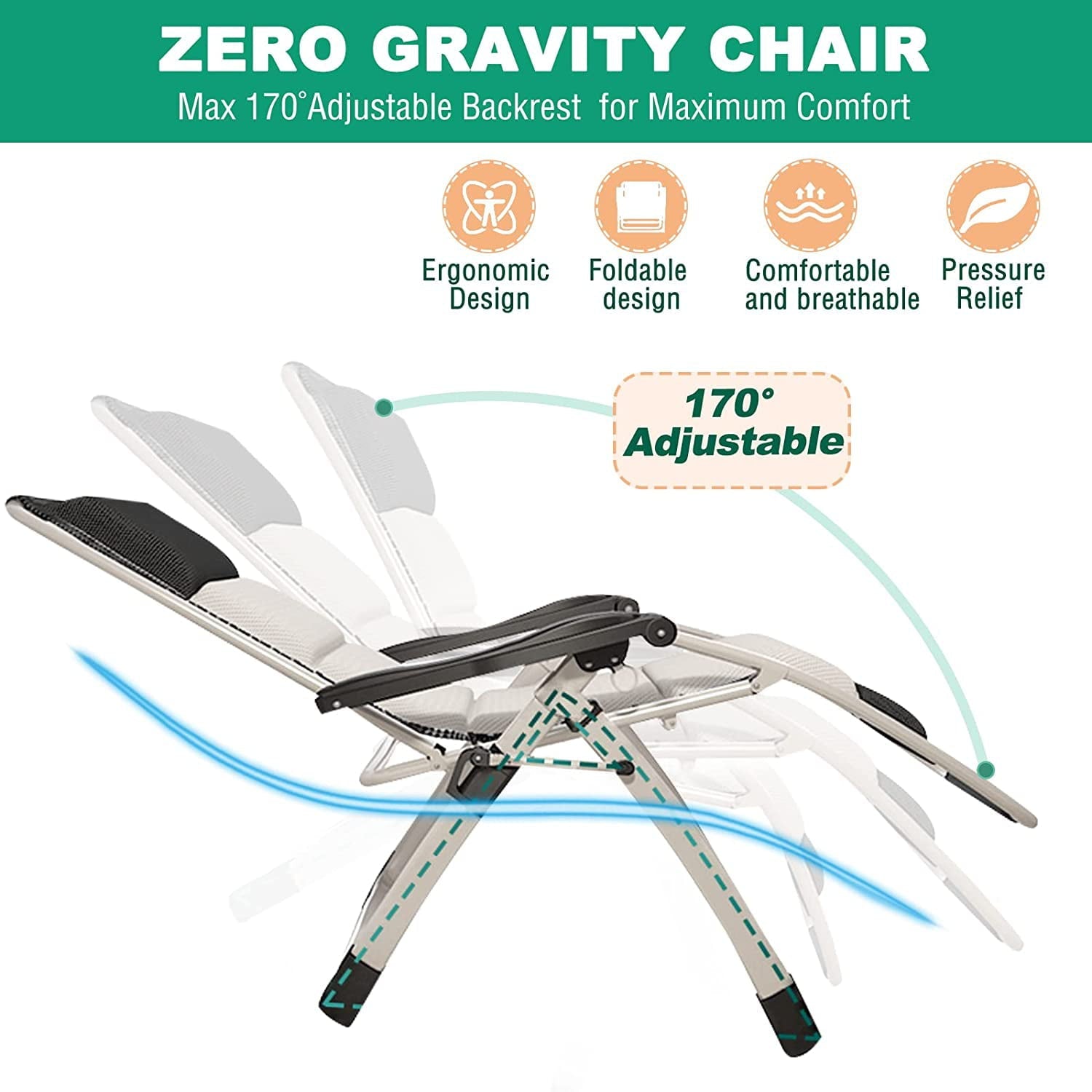 Slsy Zero Gravity Chair, Folding Portable Reclining Lounge Chair with Headrest & Cup Holder, Reclining Patio Lounger Chair for Indoor,Outdoor