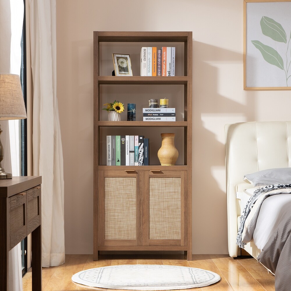 SICOTAS 5 Tier Adjustable Bookshelf with Rattan Storage Cabinet