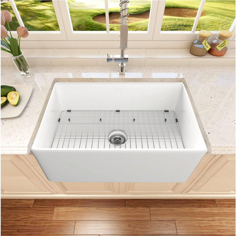 Classico White Fireclay 36 in. Single Bowl Farmhouse Apron Front Kitchen Sink with Bottom Grid and Strainer GRSL01