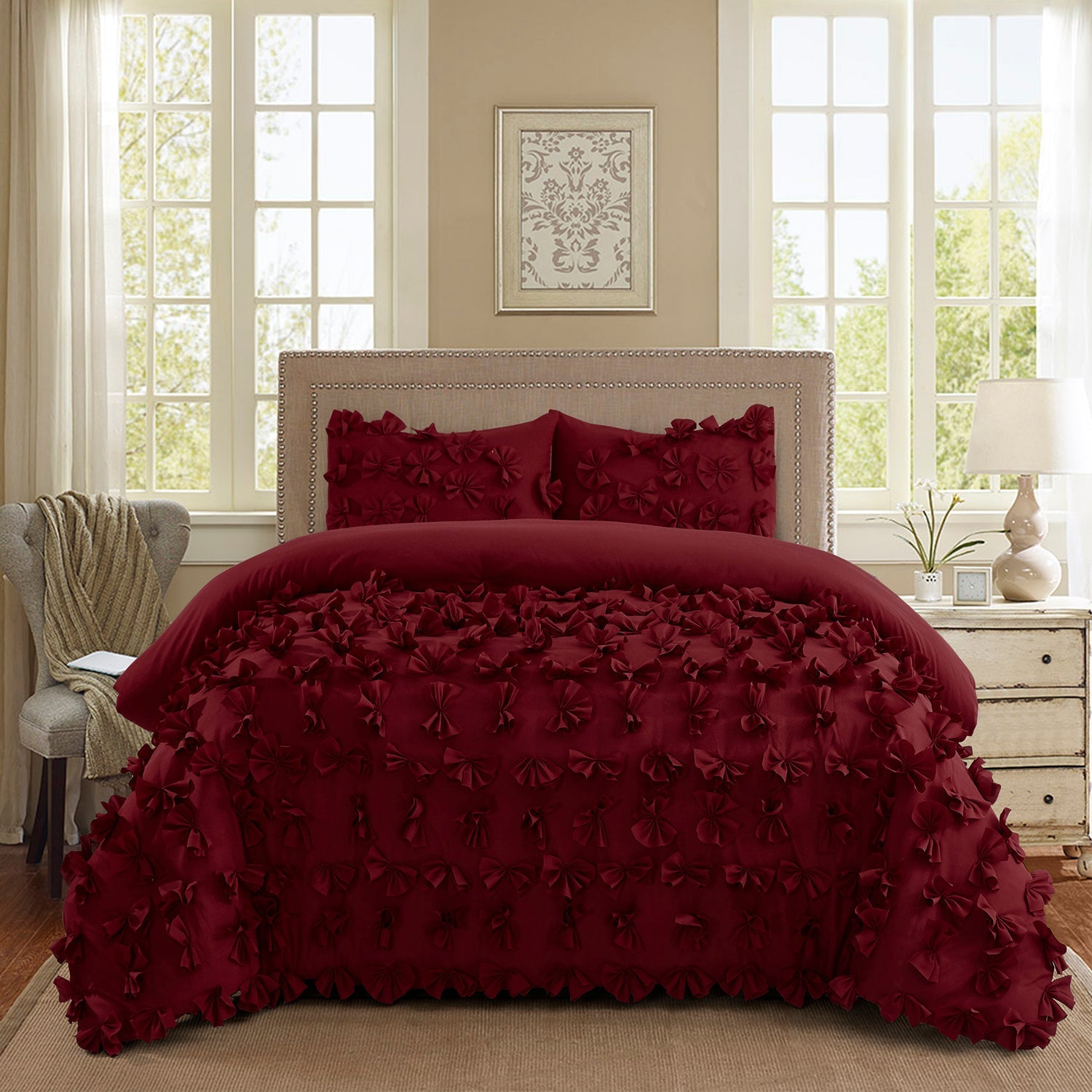 3 Piece Gray Burrterfly Flower Applique Collection Comforter Set