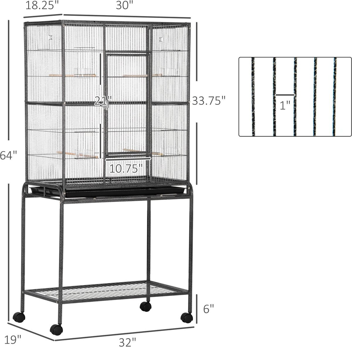 PawHut 30-in Rolling Metal Bird Cage， Black and Gray