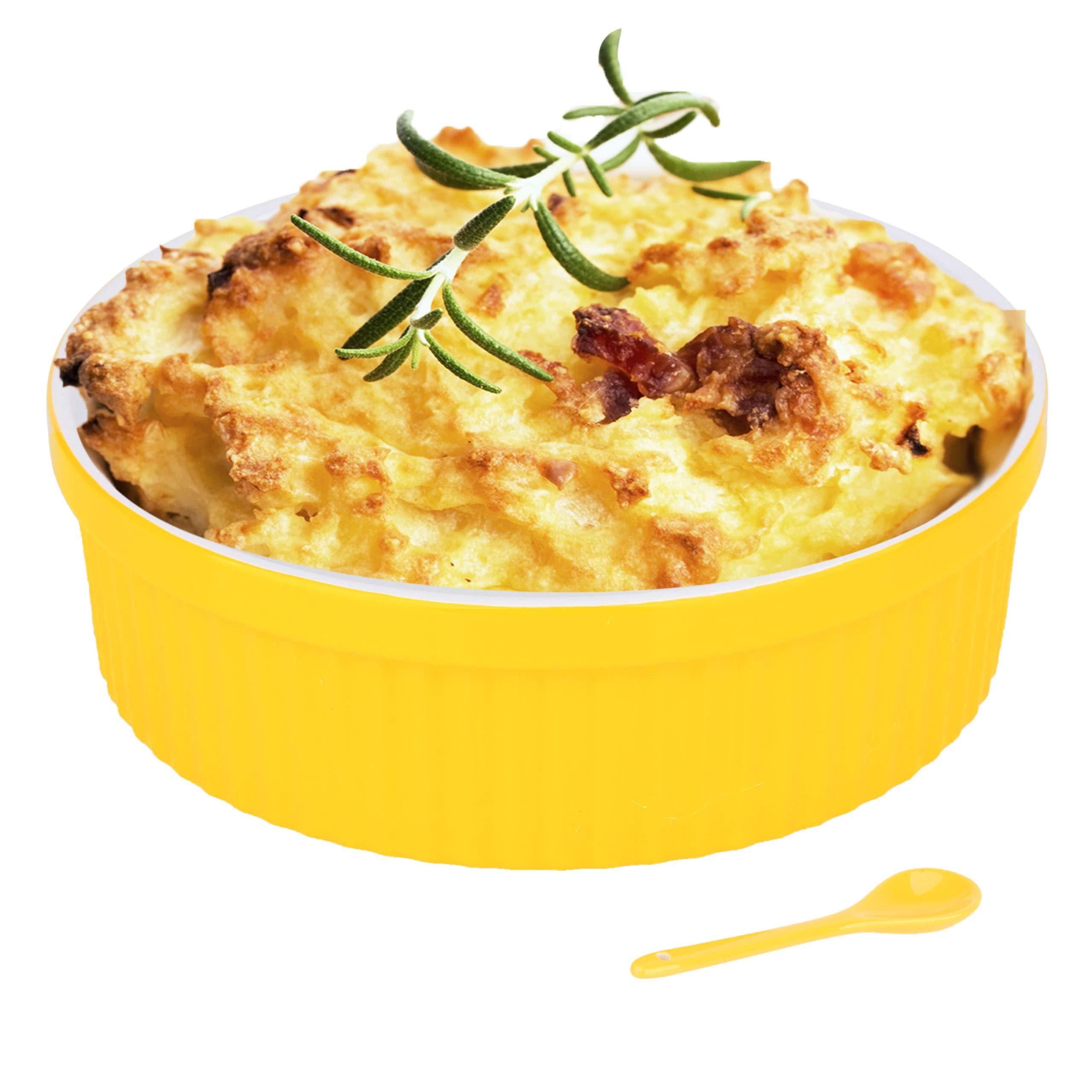 Souffle Dish Ramekins for Baking‚ 64 Oz， 2 Quart Large Ceramic Oven Safe Round Fluted Bowl with Mini Condiment Spoon for Souffle Pot Pie Casserole Pasta Roasted Vegetables Baked Dessert