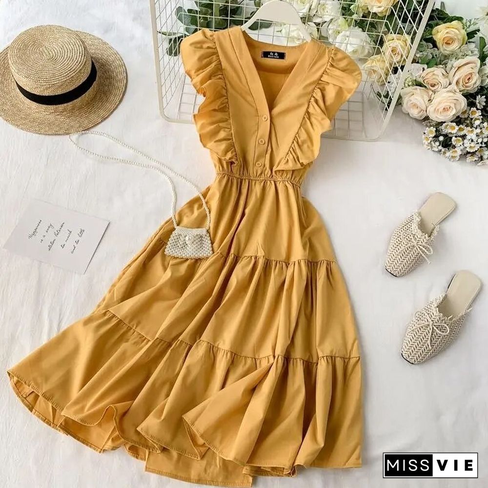 Fashion Flounced Edge V-Neck Summer Dress Women Casual Korean Solid Sleeveless High Waist Elegant Elastic A-Line Vintage Dress