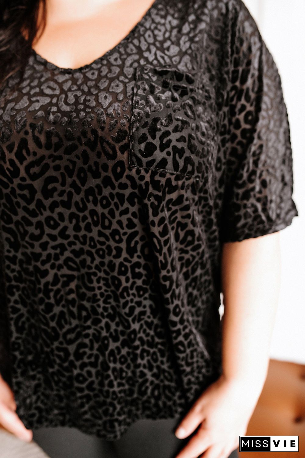 Black Plus Size Leopard Emboss V Neck Top