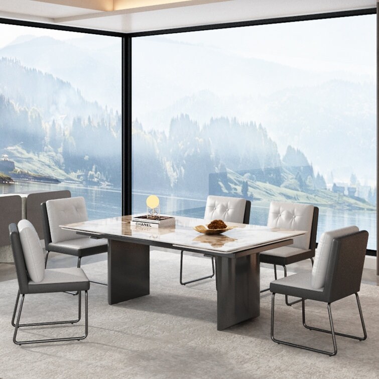 6 Person Extendable 63'' to 94.5'' Dining Set Rectangular Sintered Stone   Stainless Steel Legs ((1 Table 6 Gray Chairs)