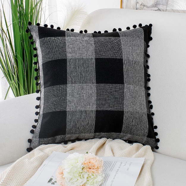 Buffalo Check Plaid With Pompoms Decorative Pillow Cover Piccocasa