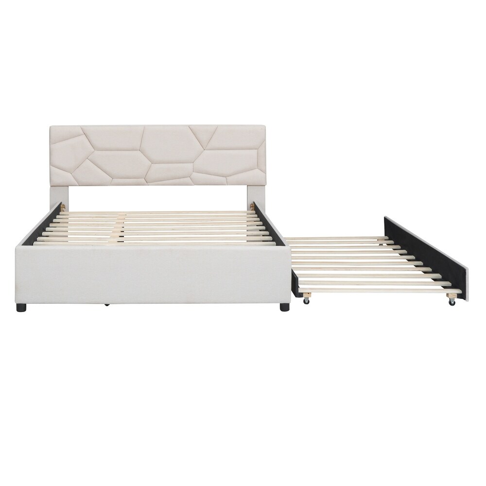 Queen Size Upholstered Platform Bed with Linen Fabric Brick Pattern Headboard and Twin XL Size Trundle Bed Frame