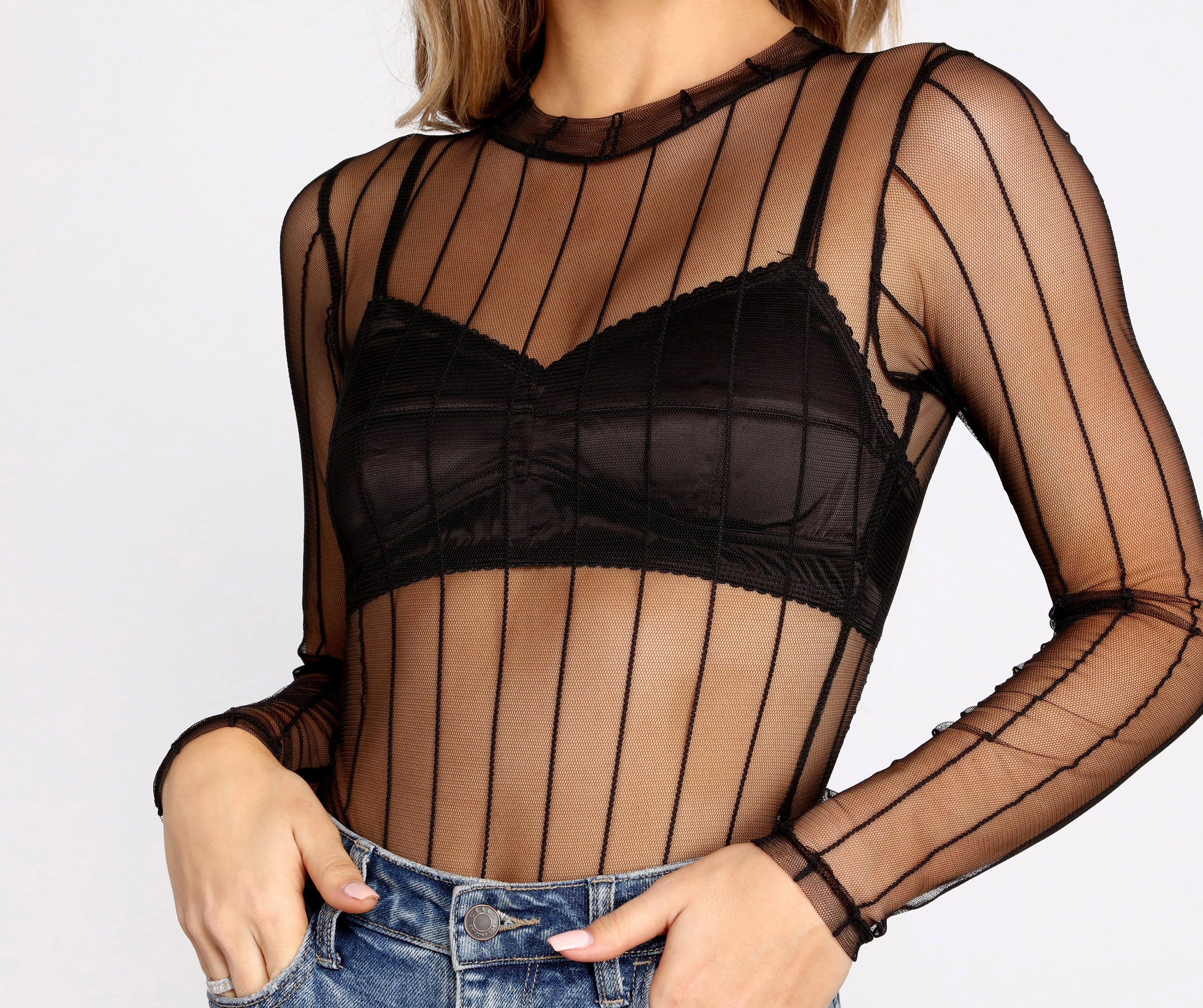 Sheer Striped Mesh Bodysuit