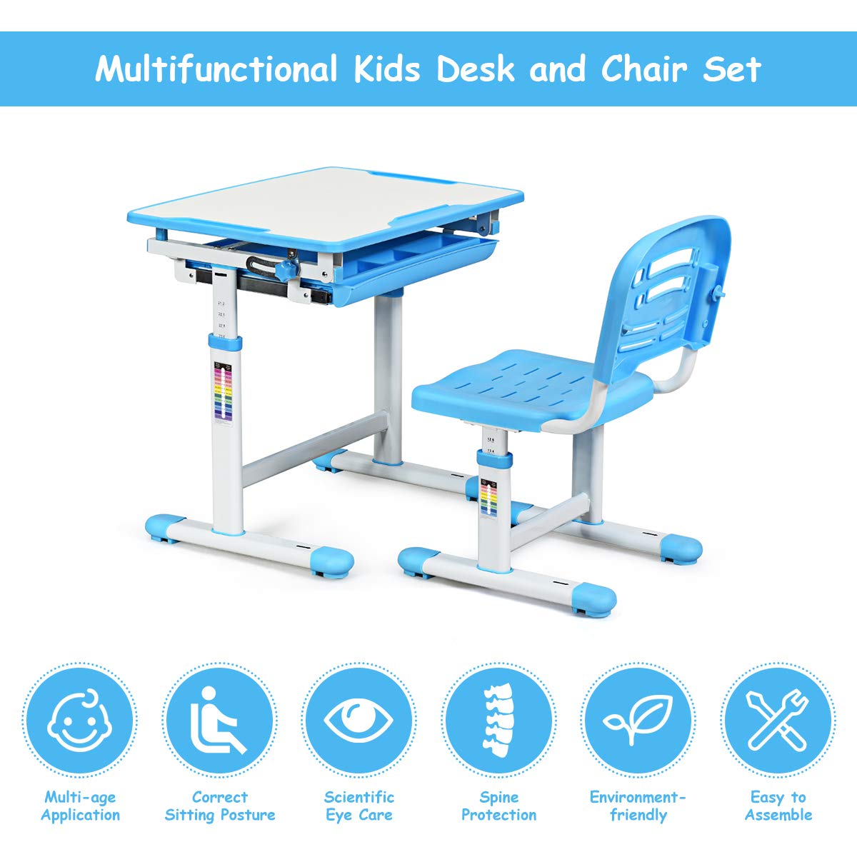 BABY JOY Kids Desk and Chair Set, Height Adjustable Child Desk Set w/Tilt Desktop