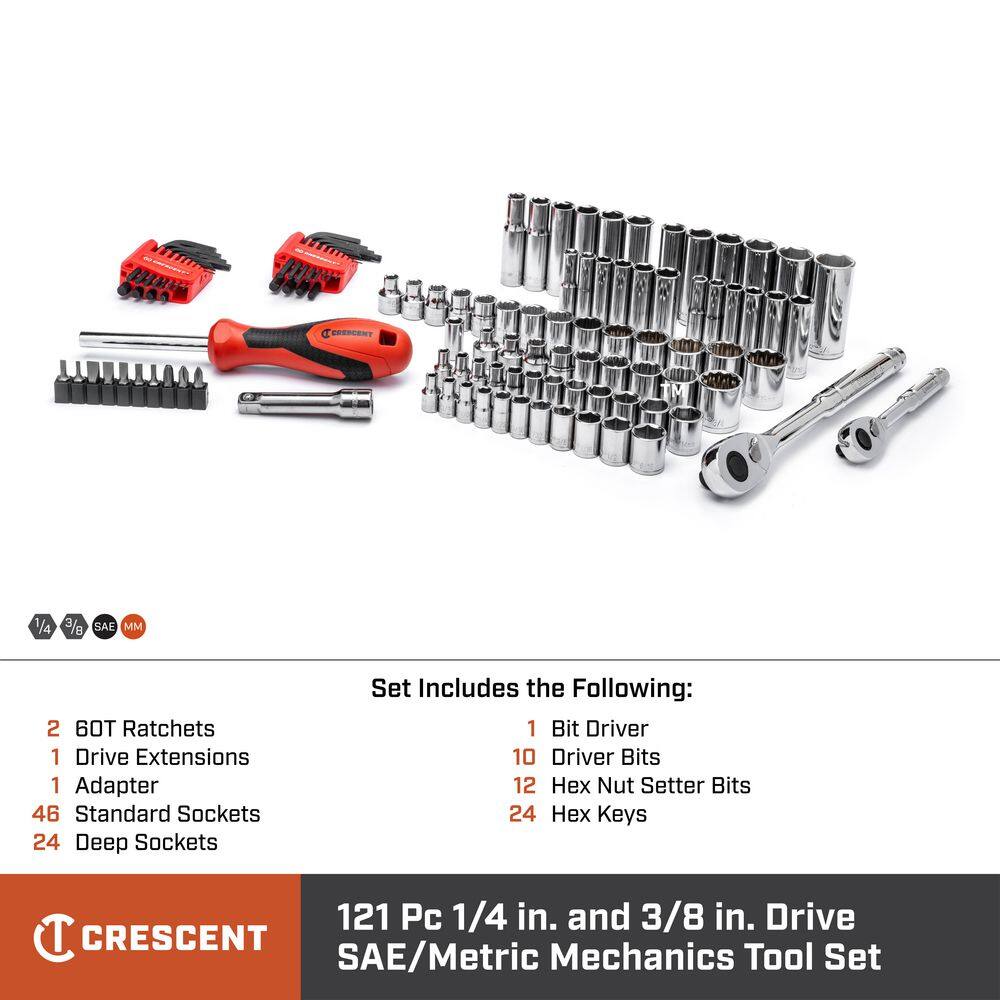 Crescent 14 in. and 38 in. Drive 6 and 12-Point Standard and Deep SAEMetric Mechanics Tool Set with Case (121-Piece) CTK121C