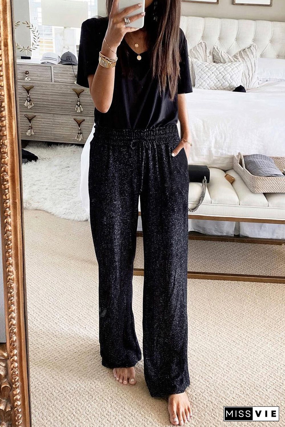 Black Metallic Drawstring High Waist Wide Leg Pants