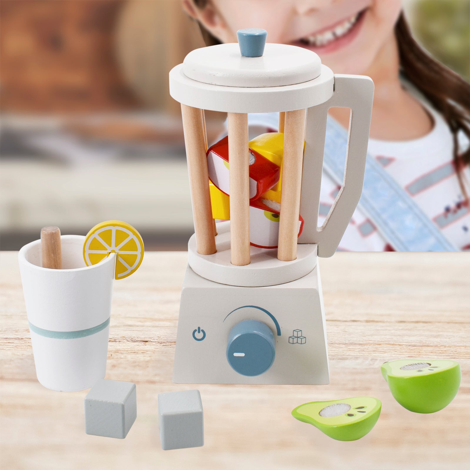 PairPear Smoothie Maker Blender Set - Wooden Toy Mixer Food Play Kitchen 14 pcs Accessories for Kids