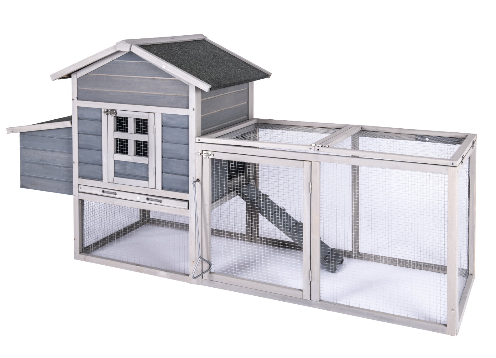 Chicken Coop for 2-4 Chcikens 80'' Wooden Rabbit Hutch Outdoor Poultry House with Chicken Run Cage， Egg Box and Waterproof Roof for Garden Backyard Gray