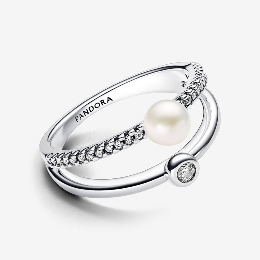 PANDORA  Treated Freshwater Cultured Pearl & Pavé Double Band Ring - Sterling Silver