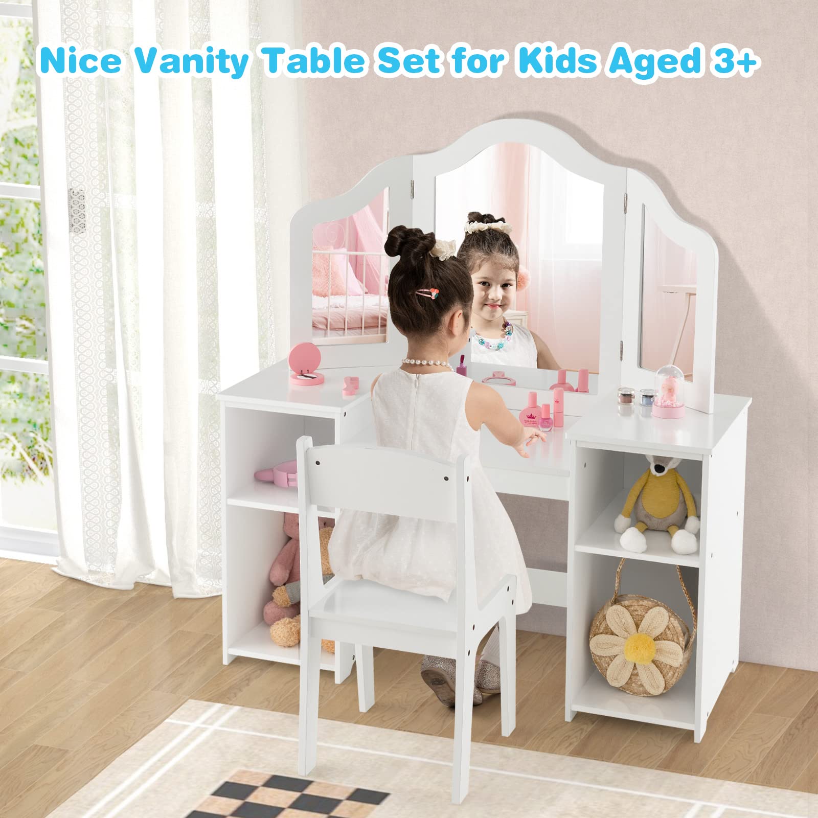 Costzon Kids Vanity Set, 2 in 1 Princess Makeup Dressing Table with Detachable Tri-Folding Mirror