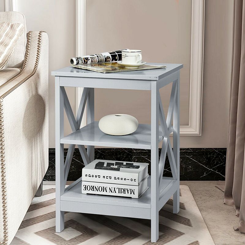 3-Tier Nightstand End Table with X Design Storage