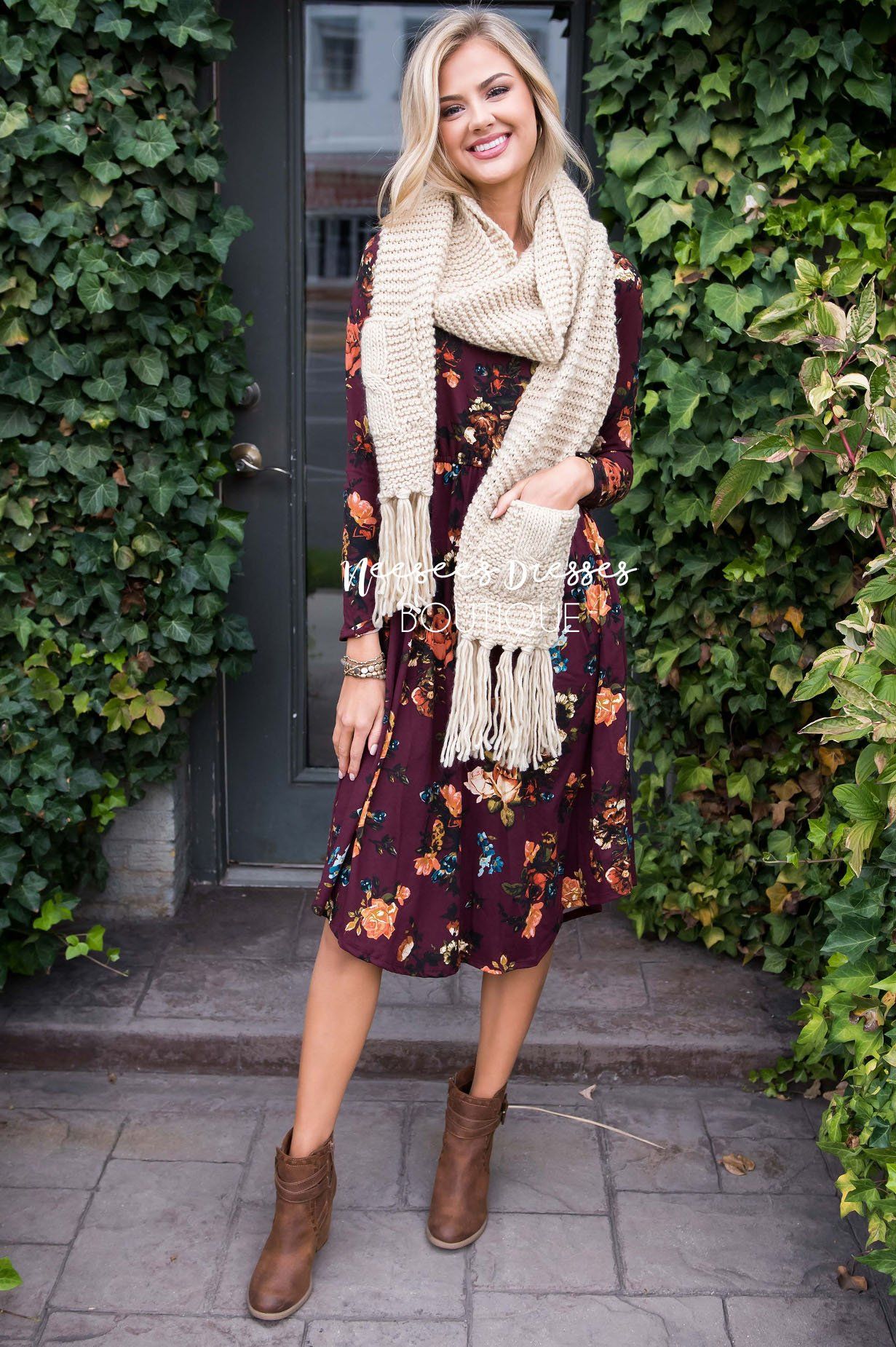 Burgundy In Bloom Long Sleeves Dress