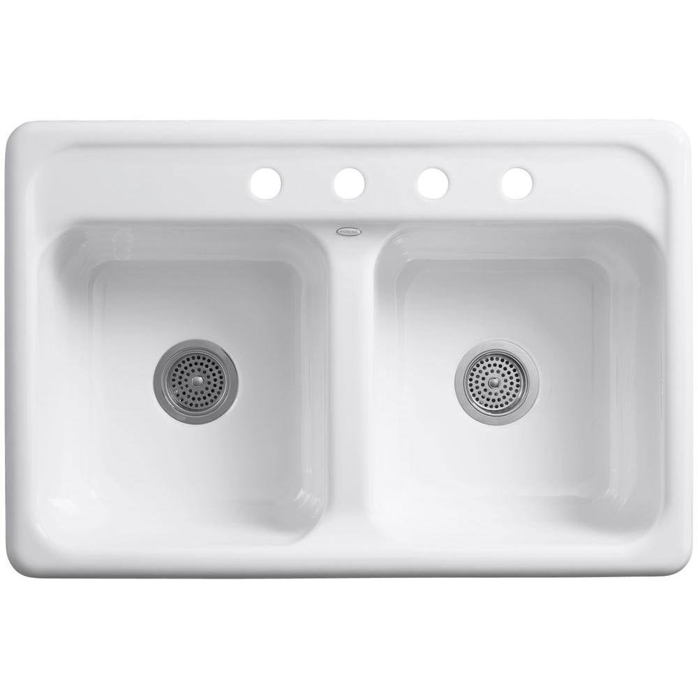 KOHLER Delafield Drop-In Cast Iron 33 in. 4-Hole Double Bowl Kitchen Sink in Black K-5817-4-7