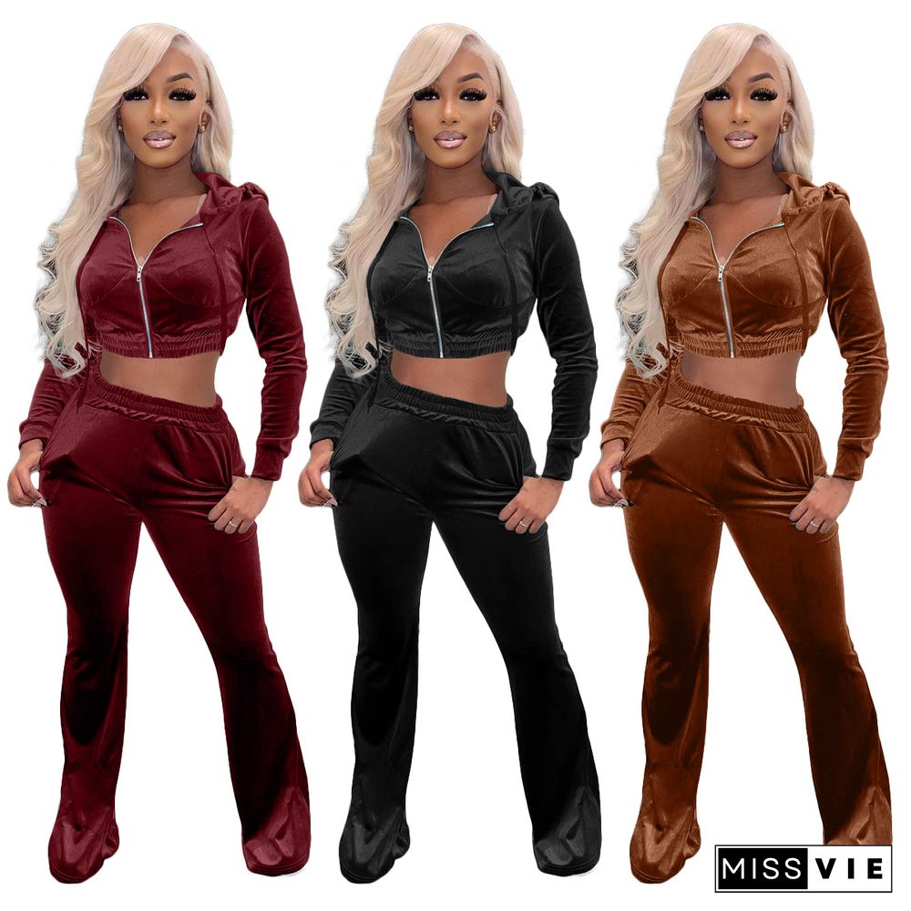 Velvet Zip Hooded Crop Top Flared Pants Set