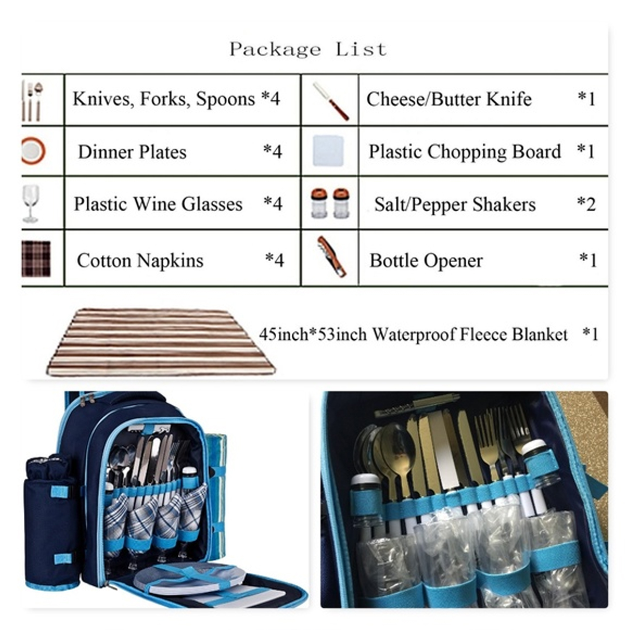 Apollo Picnic Backpack for 4 with Blanket Insulated Bottle Cooler Cotton Napkins Opener Chopping Board Dinnerware Blue