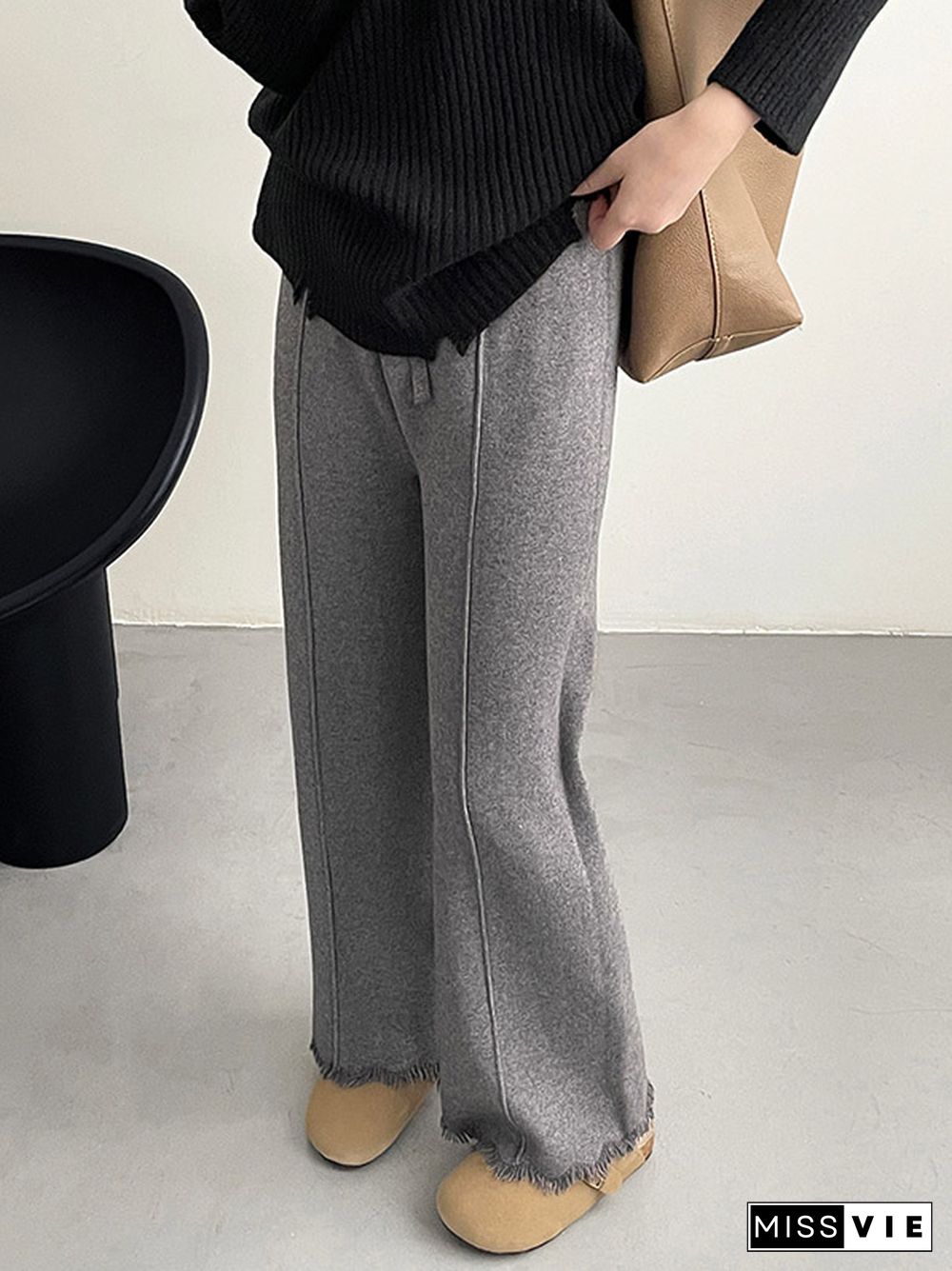 High Waisted Loose Fringed Pleated Solid Color Split-Joint Tied Waist Pants Trousers