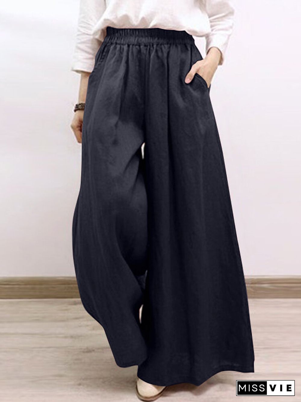 Solid Pocket Elastic Waist Wide Leg Casual Pants