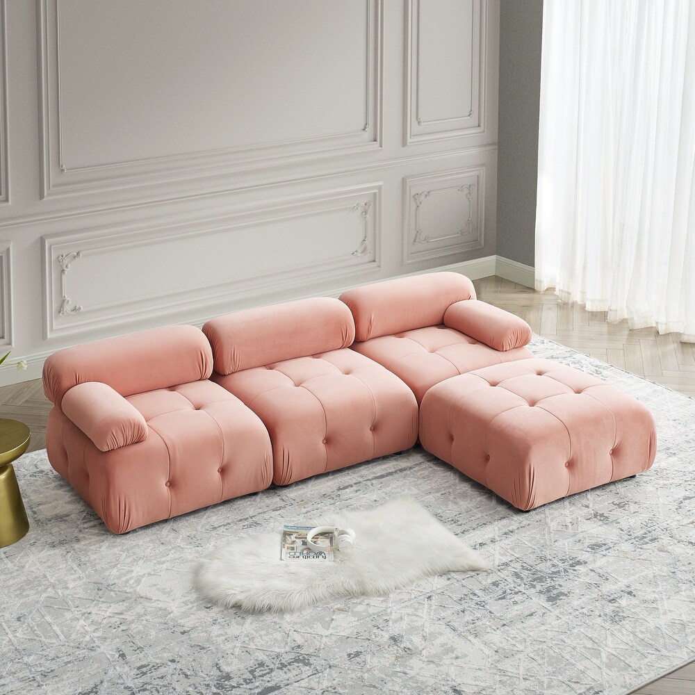 Pink 4 seat Teddy Sectional Sofa Set w/ Adjustable Back and Ottomans