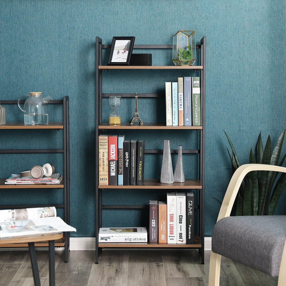 Industrial Bookshelf  Folding Bookcase  4 Tier Ladder Shelf  Wood Look Accent Furniture with Metal Frame