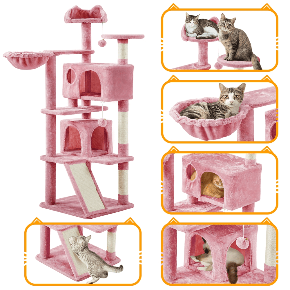 SMILE MART 57''H Multilevel Cat Tree Condo Tower with 2 Condos and Fur Ball and Round Platform and Ladder， Pink