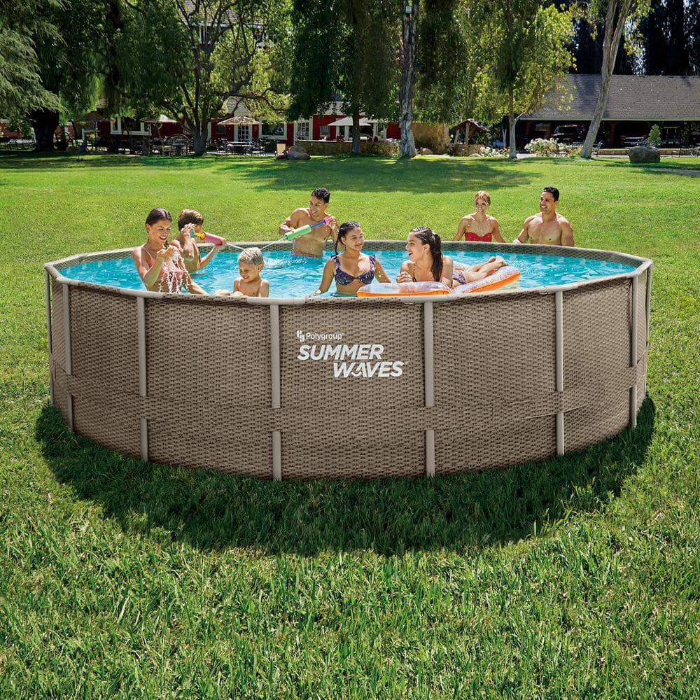 Summer Waves Elite Wicker Print 16 ft. Round x 48 in. Deep Metal Frame Pool Package with 1,500 GPH SkimmerPlus Filter Pump System P4N01648B