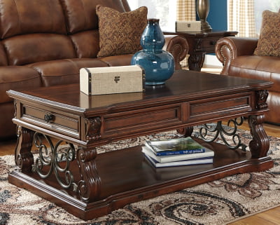 Signature Design by Ashley Alymere Traditional Lift Top Coffee Table, Hand-Finished with 2 Storage Drawers and Fixed Floor Shelf, Dark Brown