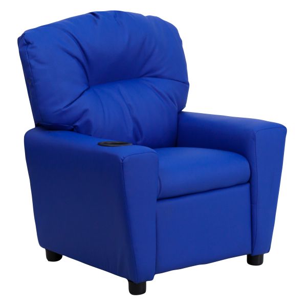 Chandler Contemporary Blue Vinyl Kids Recliner with Cup Holder