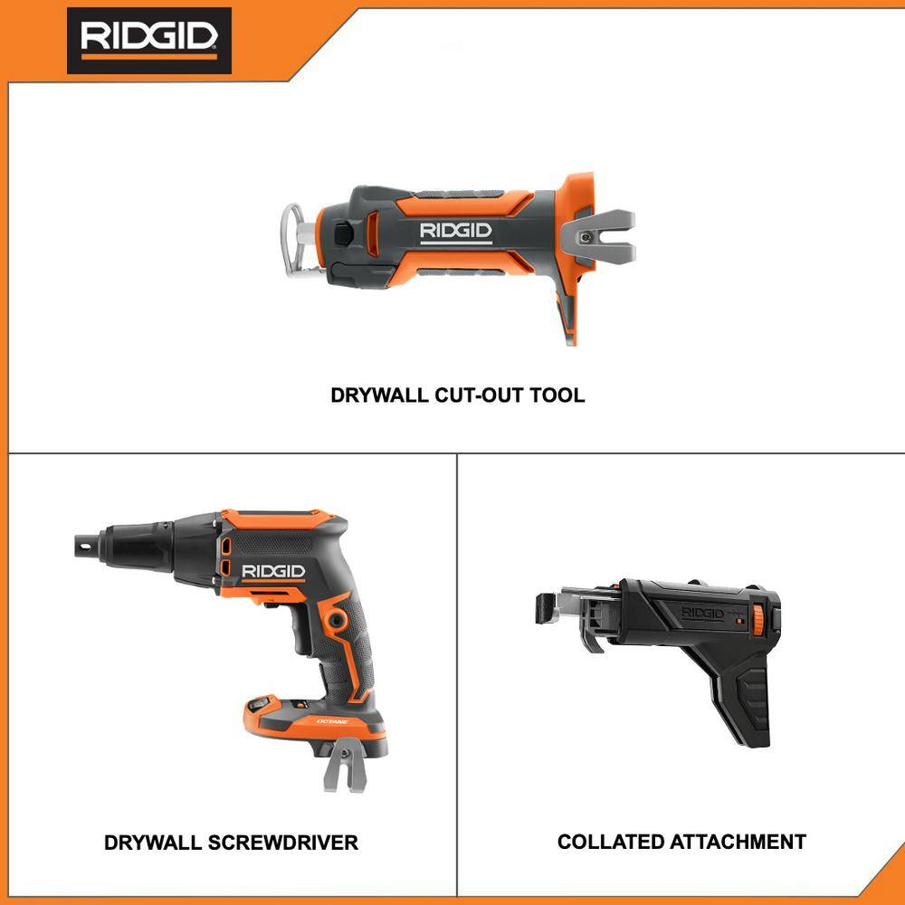 RIDGID 18V Brushless Cordless Drywall Screwdriver with Collated Attachment with 18V Drywall Cut-Out Tool (Tools Only) R86630B-R84730B