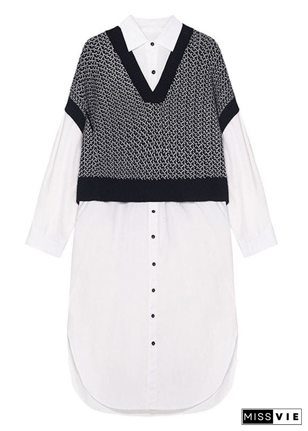 Style Black Patchwork White Button Loose Fall Dresses Long sleeve